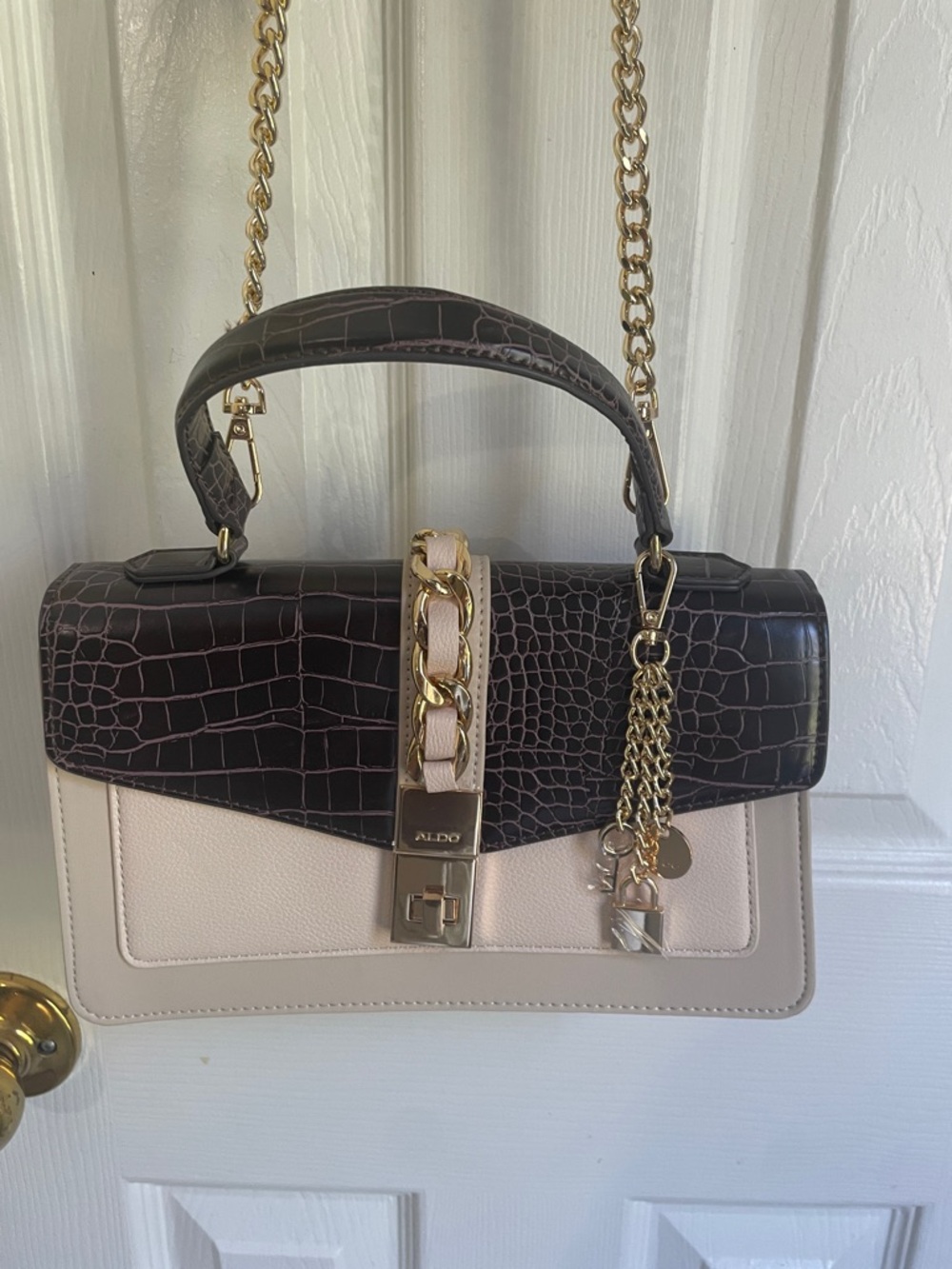 ALDO Two-Tone Croc-Texture Top Handle Bag in Dark Brown and Cream